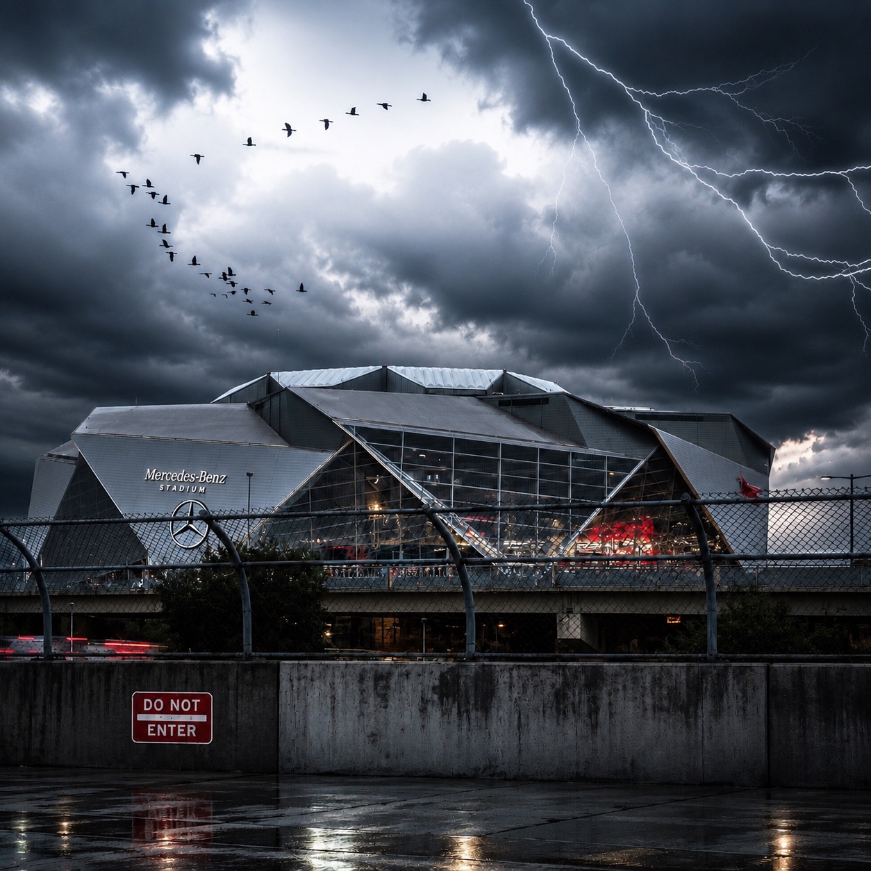 Mercedes Benz Stadium beneath storm clouds and lightning in Atlanta